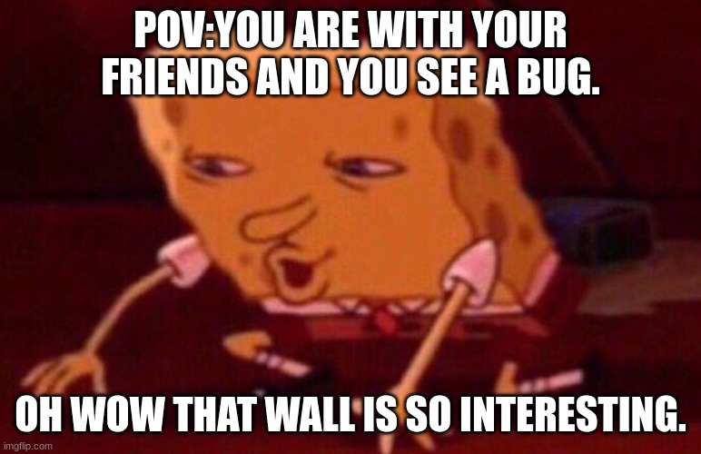 bro this is me. | POV:YOU ARE WITH YOUR FRIENDS AND YOU SEE A BUG. OH WOW THAT WALL IS SO INTERESTING. | image tagged in spongebob contacts meme | made w/ Imgflip meme maker
