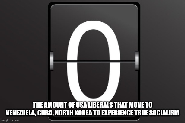 Zero counter | THE AMOUNT OF USA LIBERALS THAT MOVE TO VENEZUELA, CUBA, NORTH KOREA TO EXPERIENCE TRUE SOCIALISM | image tagged in zero counter | made w/ Imgflip meme maker