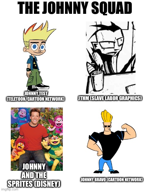the johnny squad | THE JOHNNY SQUAD; JOHNNY TEST (TELETOON/CARTOON NETWORK); JTHM (SLAVE LABOR GRAPHICS); JOHNNY AND THE SPRITES (DISNEY); JOHNNY BRAVO (CARTOON NETWORK) | image tagged in memes,blank transparent square,disney,cartoon network,serial killer | made w/ Imgflip meme maker