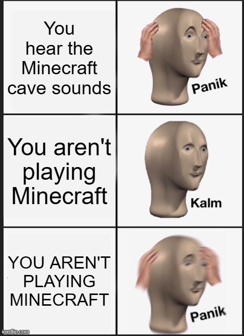 AHHH | You hear the Minecraft cave sounds; You aren't playing Minecraft; YOU AREN'T PLAYING MINECRAFT | image tagged in memes,panik kalm panik | made w/ Imgflip meme maker