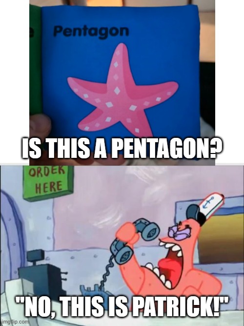 IS THIS A PENTAGON? "NO, THIS IS PATRICK!" | image tagged in no this is patrick,pentagon,starfish | made w/ Imgflip meme maker