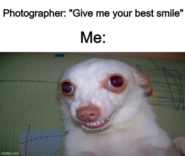 The worst part is that they say "Beautiful" afterwards... Not it isn't -_- | Photographer: "Give me your best smile"; Me: | image tagged in embarrassed grin | made w/ Imgflip meme maker