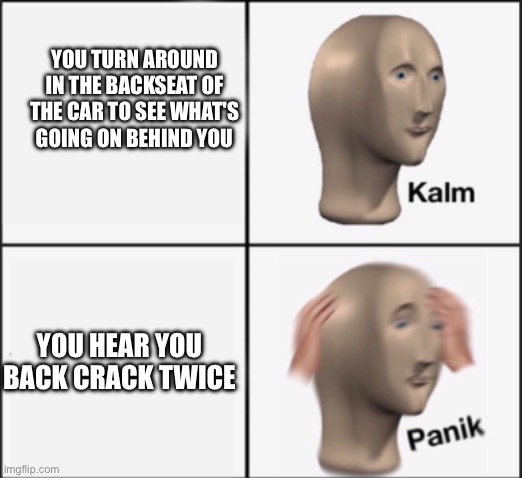 Last meme today, see you guys tomorrow! | YOU TURN AROUND IN THE BACKSEAT OF THE CAR TO SEE WHAT'S GOING ON BEHIND YOU; YOU HEAR YOU BACK CRACK TWICE | image tagged in kalm and panik,car,back,pain,windows | made w/ Imgflip meme maker