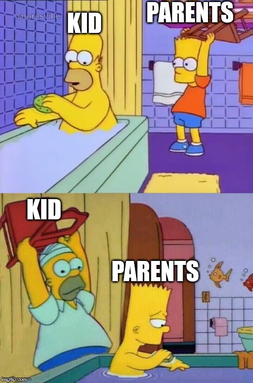 Homer revenge | PARENTS KID KID PARENTS | image tagged in homer revenge | made w/ Imgflip meme maker