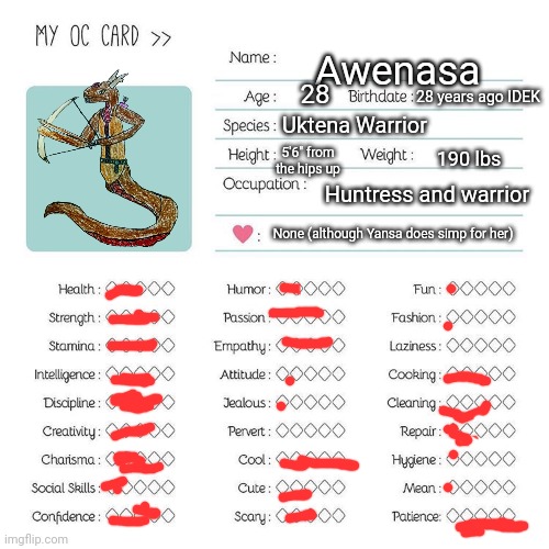 I'm in a car so sorry if the drawing is shaky | Awenasa; 28; 28 years ago IDEK; Uktena Warrior; 5'6" from the hips up; 190 lbs; Huntress and warrior; None (although Yansa does simp for her) | image tagged in oc card template | made w/ Imgflip meme maker