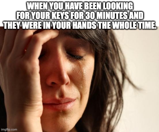 Keys | WHEN YOU HAVE BEEN LOOKING FOR YOUR KEYS FOR 30 MINUTES AND THEY WERE IN YOUR HANDS THE WHOLE TIME. | image tagged in memes,first world problems | made w/ Imgflip meme maker