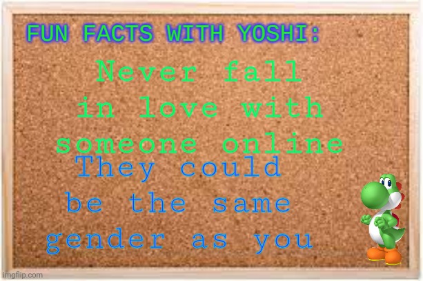 Gonna cause a lot of breakups rn | Never fall in love with someone online; They could be the same gender as you | image tagged in fun facts with yoshi | made w/ Imgflip meme maker