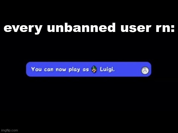 You Can Now Play as Luigi | every unbanned user rn: | image tagged in you can now play as luigi | made w/ Imgflip meme maker