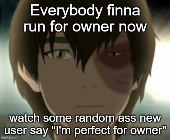 Zuko | Everybody finna run for owner now; watch some random ass new user say "I'm perfect for owner" | image tagged in zuko | made w/ Imgflip meme maker