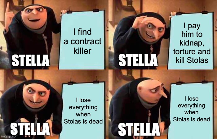 Didn't Think It Through | I find a contract killer; I pay him to kidnap, torture and kill Stolas; STELLA; STELLA; I lose everything when Stolas is dead; I lose everything when Stolas is dead; STELLA; STELLA | image tagged in memes,gru's plan,helluva boss,stella,stolas,poor planning | made w/ Imgflip meme maker