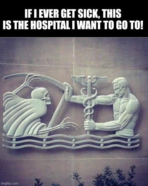 Strong Medicine | IF I EVER GET SICK, THIS IS THE HOSPITAL I WANT TO GO TO! | image tagged in badass,hospital,sculpture,cool stuff | made w/ Imgflip meme maker