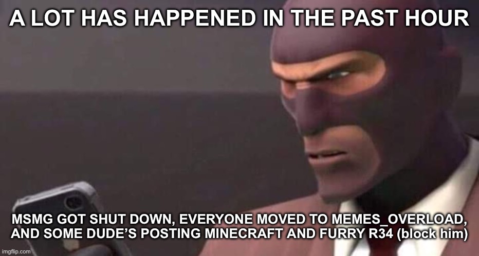 A LOT HAS HAPPENED IN THE PAST HOUR; MSMG GOT SHUT DOWN, EVERYONE MOVED TO MEMES_OVERLOAD, AND SOME DUDE’S POSTING MINECRAFT AND FURRY R34 (block him) | made w/ Imgflip meme maker