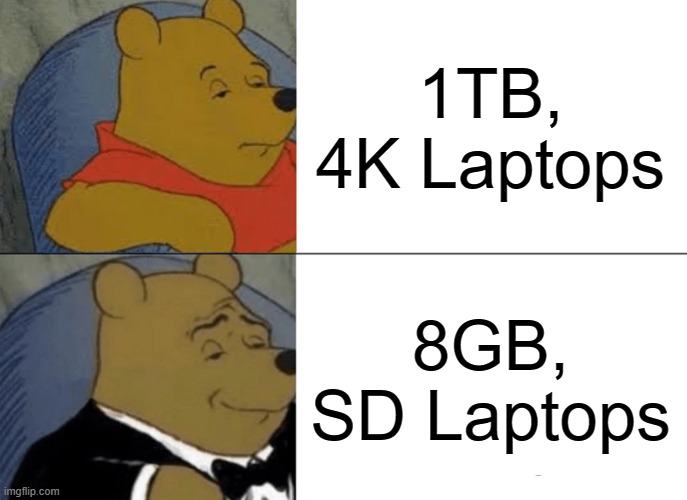 My School | 1TB, 4K Laptops; 8GB, SD Laptops | image tagged in memes,tuxedo winnie the pooh,school,laptop | made w/ Imgflip meme maker
