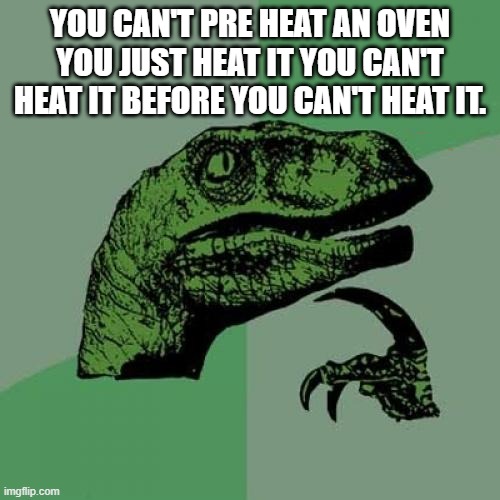 Philosoraptor | YOU CAN'T PRE HEAT AN OVEN YOU JUST HEAT IT YOU CAN'T HEAT IT BEFORE YOU CAN'T HEAT IT. | image tagged in memes,philosoraptor | made w/ Imgflip meme maker