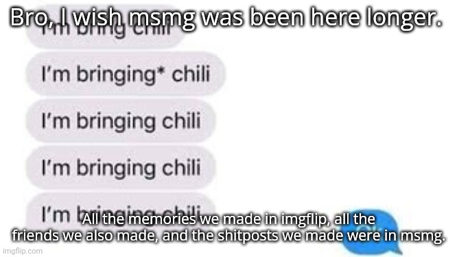 I'm bring chili | Bro, I wish msmg was been here longer. All the memories we made in imgflip, all the friends we also made, and the shitposts we made were in msmg. | image tagged in i'm bring chili | made w/ Imgflip meme maker