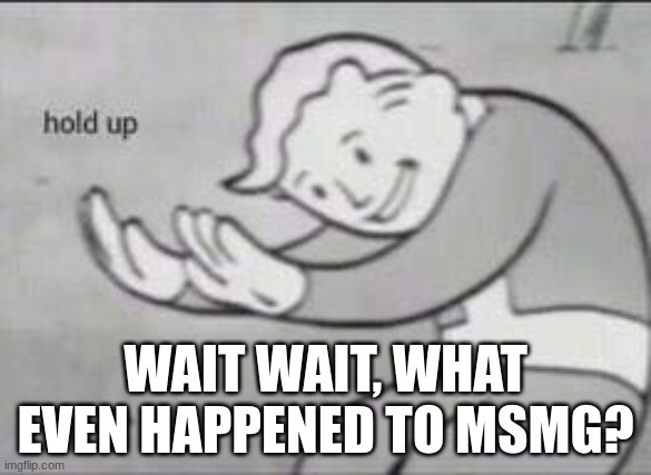 Fallout Hold Up | WAIT WAIT, WHAT EVEN HAPPENED TO MSMG? | image tagged in fallout hold up | made w/ Imgflip meme maker