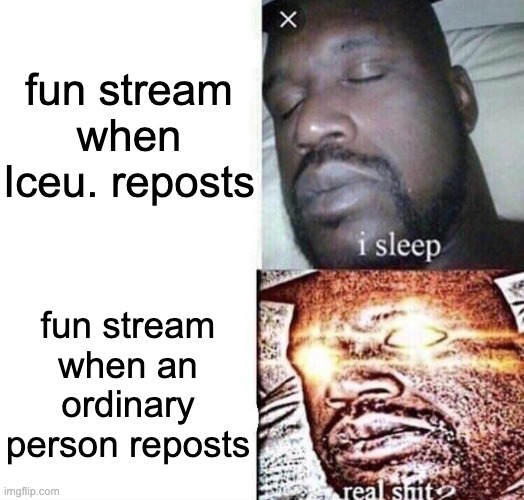 frrr | fun stream when Iceu. reposts; fun stream when an ordinary person reposts | image tagged in i sleep real shit | made w/ Imgflip meme maker