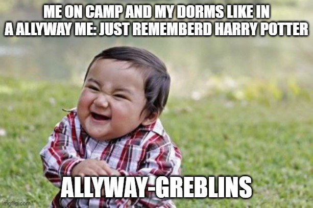 Evil Toddler | ME ON CAMP AND MY DORMS LIKE IN A ALLYWAY ME: JUST REMEMBERD HARRY POTTER; ALLYWAY-GREBLINS | image tagged in memes,evil toddler | made w/ Imgflip meme maker