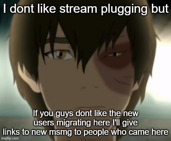 Zuko | I dont like stream plugging but; If you guys dont like the new users migrating here I'll give links to new msmg to people who came here | image tagged in zuko | made w/ Imgflip meme maker