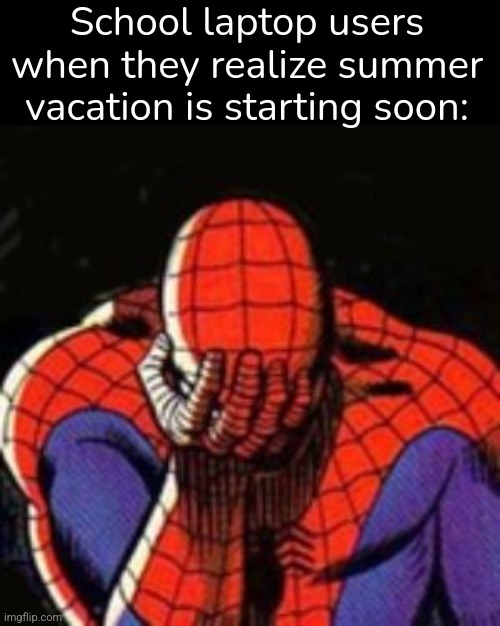 Rip school users | School laptop users when they realize summer vacation is starting soon: | image tagged in memes,sad spiderman,spiderman,school,laptop,imgflip users | made w/ Imgflip meme maker