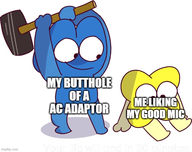 Your life will end in 30 minutes | MY BUTTHOLE OF A AC ADAPTOR; ME LIKING MY GOOD MIC | image tagged in your life will end in 30 minutes | made w/ Imgflip meme maker