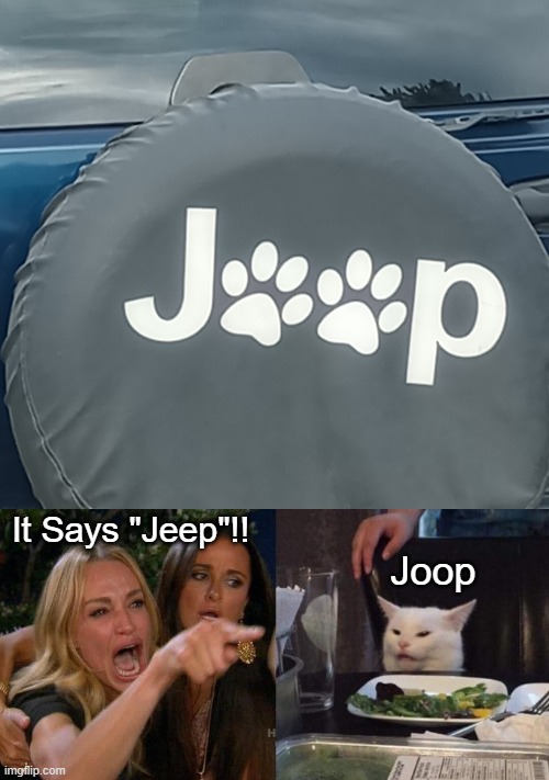 at least make the symbols look like e's | It Says "Jeep"!! Joop | image tagged in woman yelling at cat,jeep,symbolism,footprints,animal | made w/ Imgflip meme maker