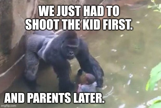7 years | WE JUST HAD TO SHOOT THE KID FIRST. AND PARENTS LATER. | image tagged in last moments of harambe,harambe,planet of the apes,human stupidity,animal rights,animals | made w/ Imgflip meme maker