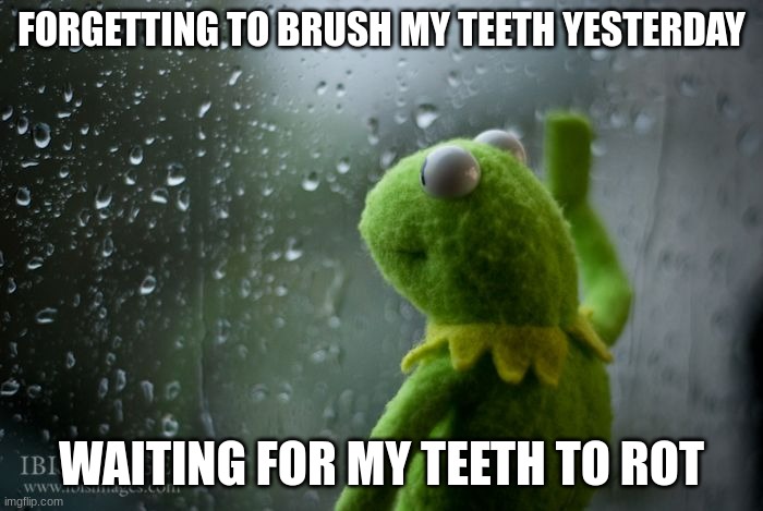 kermit window | FORGETTING TO BRUSH MY TEETH YESTERDAY; WAITING FOR MY TEETH TO ROT | image tagged in kermit window | made w/ Imgflip meme maker
