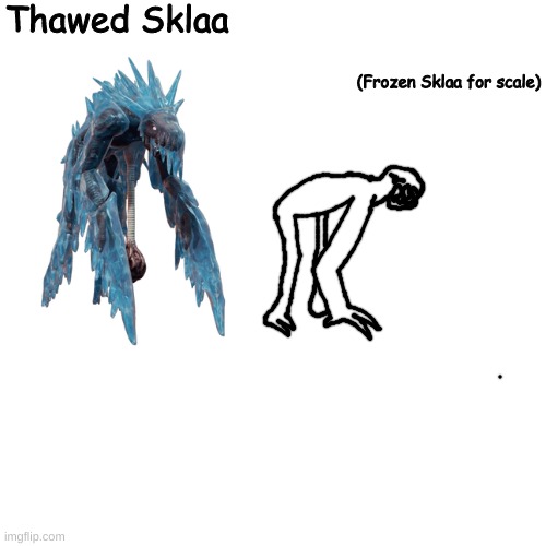 A beach-dwelling relative of the Frozen Sklaa | Thawed Sklaa; (Frozen Sklaa for scale) | made w/ Imgflip meme maker