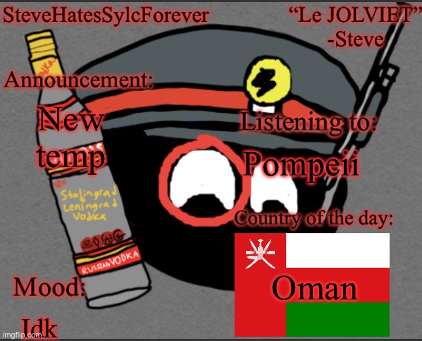 Steve’s announcement temp | New temp; Pompeii; Oman; Idk | image tagged in steve s announcement temp | made w/ Imgflip meme maker