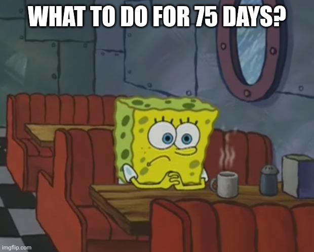 Spongebob Waiting | WHAT TO DO FOR 75 DAYS? | image tagged in spongebob waiting | made w/ Imgflip meme maker