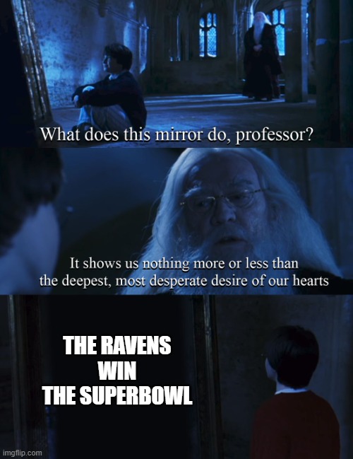 Harry potter mirror | THE RAVENS WIN THE SUPERBOWL | image tagged in harry potter mirror | made w/ Imgflip meme maker