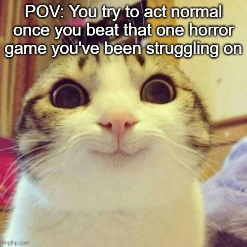 oop i juust farted | POV: You try to act normal once you beat that one horror game you've been struggling on | image tagged in memes,smiling cat | made w/ Imgflip meme maker
