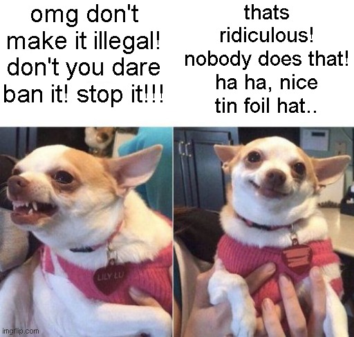 the two emotional states of a liberal = claiming something doesn't happen, then being horrified about it being banned | thats ridiculous! nobody does that! ha ha, nice tin foil hat.. omg don't make it illegal! don't you dare ban it! stop it!!! | image tagged in angry chihuahua happy chihuahua | made w/ Imgflip meme maker