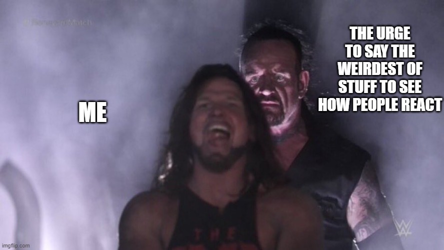 AJ Styles & Undertaker | THE URGE TO SAY THE WEIRDEST OF STUFF TO SEE HOW PEOPLE REACT; ME | image tagged in aj styles undertaker | made w/ Imgflip meme maker