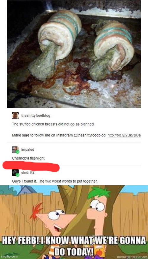 Cursed food comment | image tagged in hey ferb i know what we're gonna do today,flesh,light,cursed,food | made w/ Imgflip meme maker