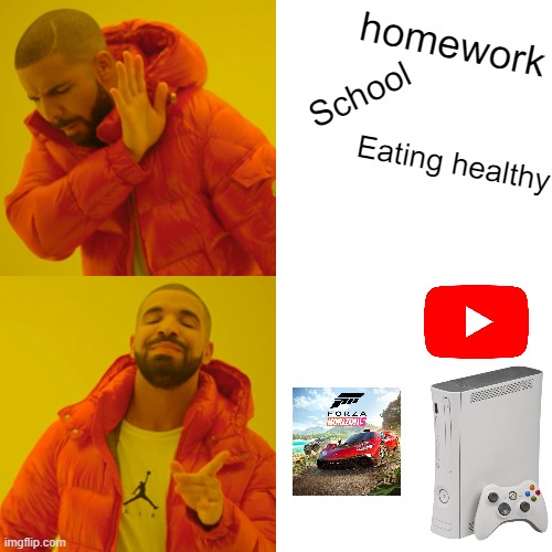 Drake Hotline Bling Meme | homework; School; Eating healthy | image tagged in memes,drake hotline bling | made w/ Imgflip meme maker