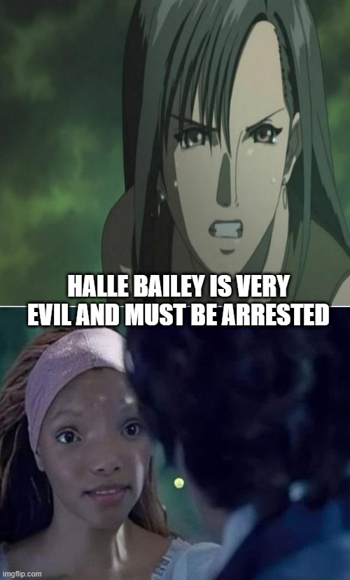 tifa angry at halle bailey | HALLE BAILEY IS VERY EVIL AND MUST BE ARRESTED | image tagged in tifa angry at who,challenge accepted rage face,evil overlord rules,disney princesses,criminal | made w/ Imgflip meme maker