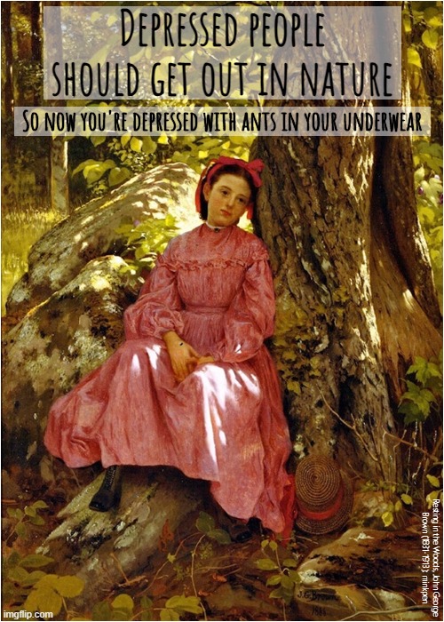 Wild Woods | Depressed people should get out in nature; So now you're depressed with ants in your underwear; Resting in the Woods, John George
Brown (1831-1913): minkpen | image tagged in artmemes,depression sadness hurt pain anxiety,social anxiety,bpd,mental illness,sad | made w/ Imgflip meme maker