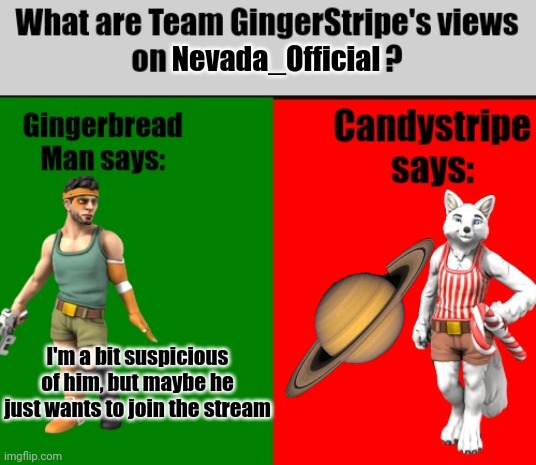 Get Saturned | Nevada_Official; I'm a bit suspicious of him, but maybe he just wants to join the stream | image tagged in team gingerstripe's views | made w/ Imgflip meme maker