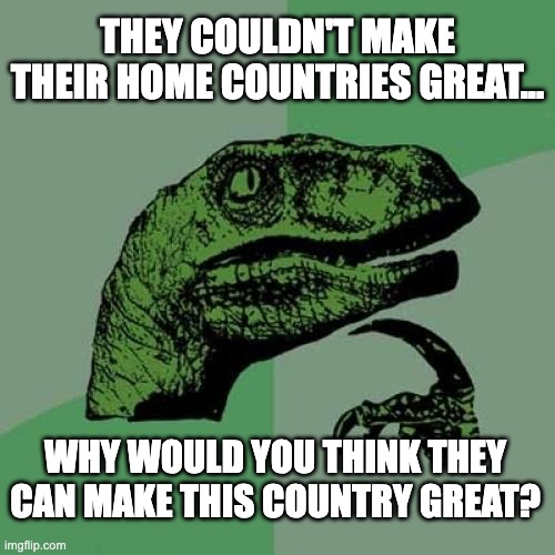 Philosoraptor | THEY COULDN'T MAKE THEIR HOME COUNTRIES GREAT... WHY WOULD YOU THINK THEY CAN MAKE THIS COUNTRY GREAT? | image tagged in memes,philosoraptor | made w/ Imgflip meme maker
