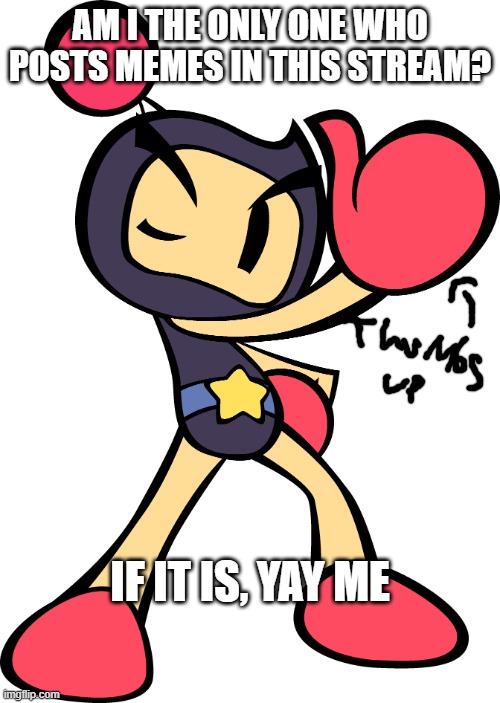 Because I now only see MY memes | AM I THE ONLY ONE WHO POSTS MEMES IN THIS STREAM? IF IT IS, YAY ME | image tagged in black bomber super bomberman r,bomberman | made w/ Imgflip meme maker