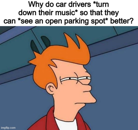It literally changes nothing... :1 | Why do car drivers *turn down their music* so that they can *see an open parking spot* better? | image tagged in memes,futurama fry | made w/ Imgflip meme maker
