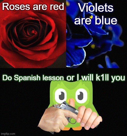 NAH BRO- | Roses are red; Violets are blue; Do Spanish lesson; or I will k1ll you | image tagged in roses are red violets are blue,duolingo,funny,memes,funny memes,duolingo gun | made w/ Imgflip meme maker