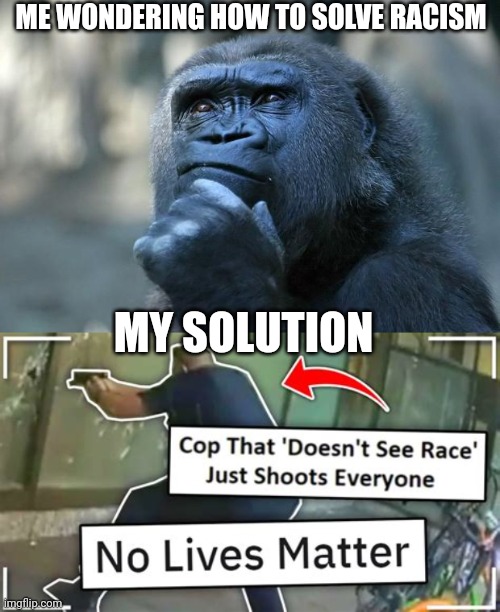 Racism solved | ME WONDERING HOW TO SOLVE RACISM; MY SOLUTION | image tagged in deep thoughts | made w/ Imgflip meme maker