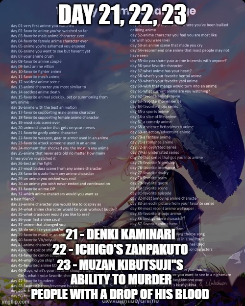 Sorry I haven't posted for a while :) | DAY 21, 22, 23; 21 - DENKI KAMINARI
22 - ICHIGO'S ZANPAKUTO; 23 - MUZAN KIBUTSUJI"S  ABILITY TO MURDER PEOPLE WITH A DROP OF HIS BLOOD | image tagged in challenge,anime | made w/ Imgflip meme maker