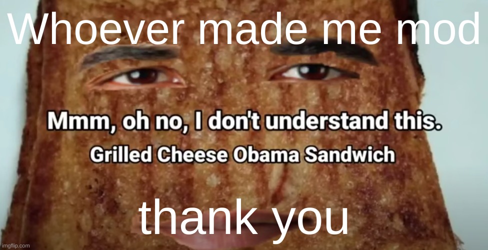 Grilled cheese Obama sandwich | Whoever made me mod; thank you | image tagged in grilled cheese obama sandwich | made w/ Imgflip meme maker