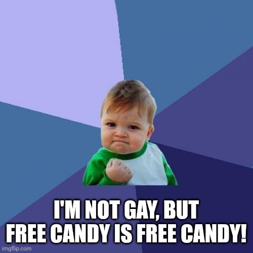Success Kid | I'M NOT GAY, BUT FREE CANDY IS FREE CANDY! | image tagged in memes,success kid | made w/ Imgflip meme maker