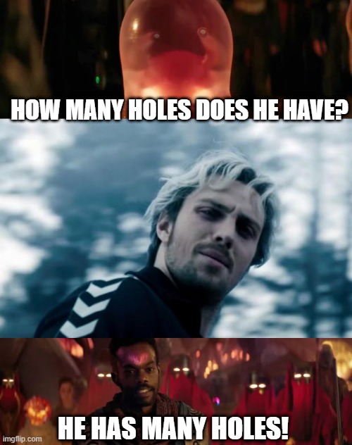 Holes | HOW MANY HOLES DOES HE HAVE? HE HAS MANY HOLES! | image tagged in quicksilver | made w/ Imgflip meme maker