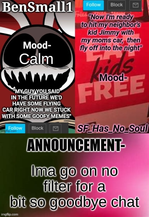 BenSmall1 and SF shared temp | Calm; Ima go on no filter for a bit so goodbye chat | image tagged in bensmall1 and sf shared temp | made w/ Imgflip meme maker